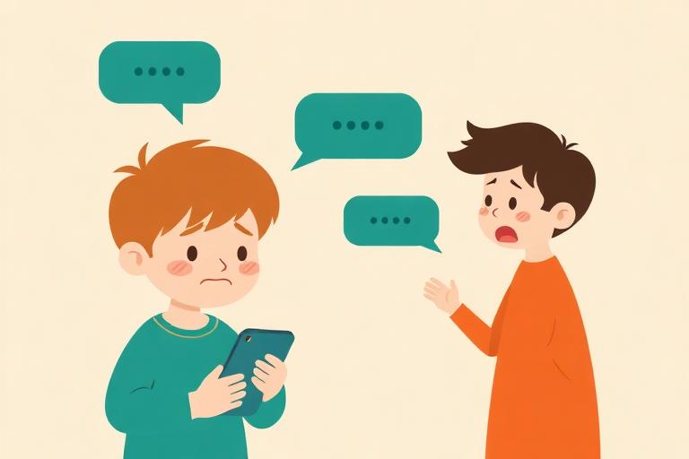 Desenho de uma criança triste com celular e mensagens agressivas, e outra criança oferecendo ajuda