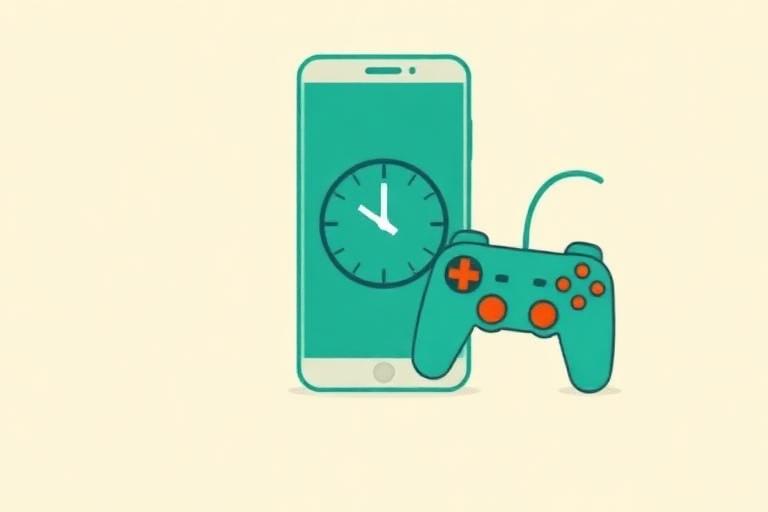 Desenho de um celular com relógio e um controle de videogame